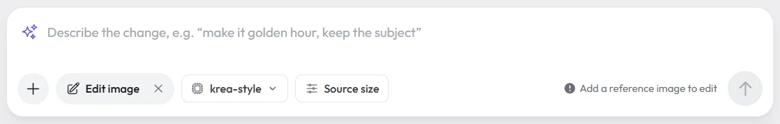 Atelier's Edit image box: describe the change, pick the model, keep the source size