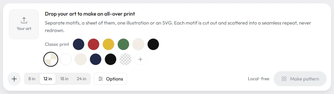 Atelier's Pattern box: drop your art to make an all-over print, with a palette of ground colours and tile sizes from 8 to 24 inches
