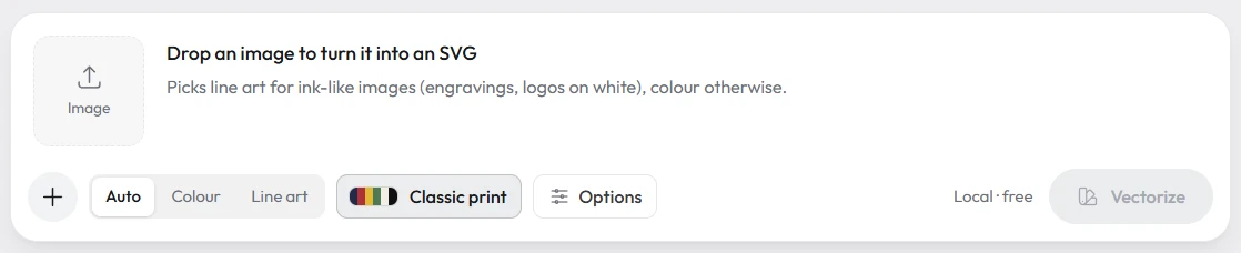 Atelier's Vectorize box: drop an image to turn it into an SVG, with Auto, Colour and Line art modes and a palette