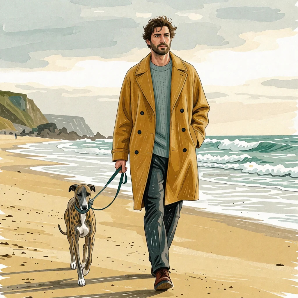The same scene redrawn as a gouache and coloured-pencil illustration, with the man, dog and composition unchanged