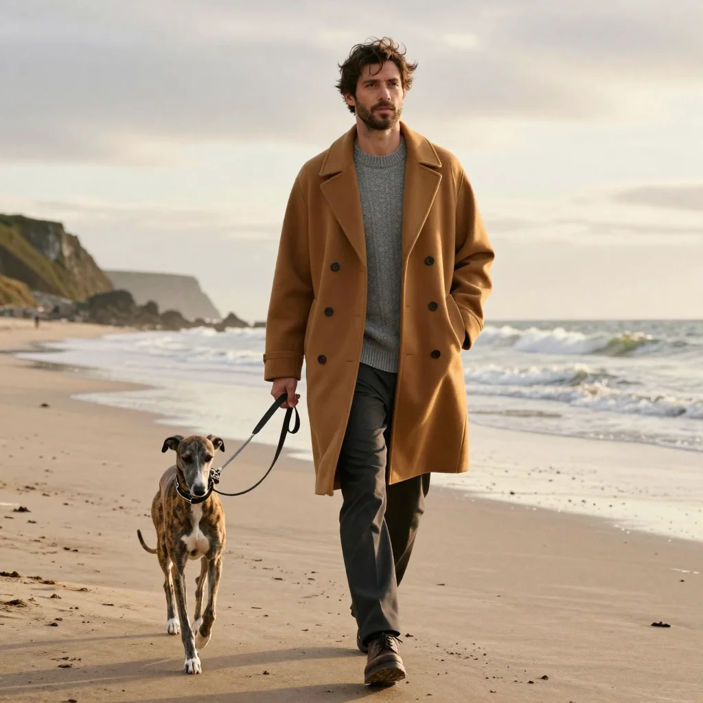 A photograph of a man in a mustard overcoat walking a greyhound along a beach at golden hour