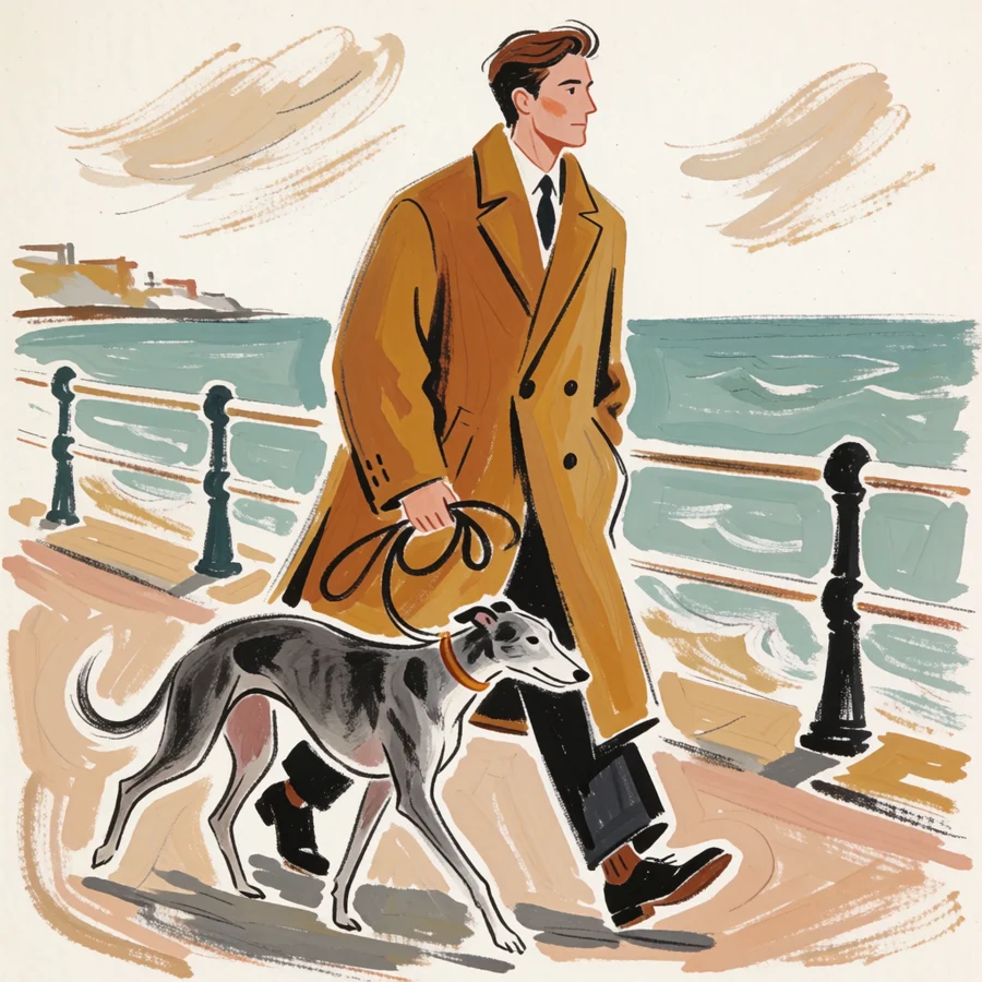 A gouache illustration of a man in a mustard coat walking a greyhound along a seaside promenade