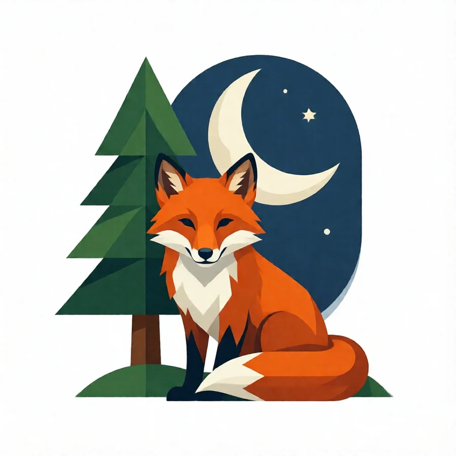 A flat illustration of a red fox under a pine tree with a crescent moon