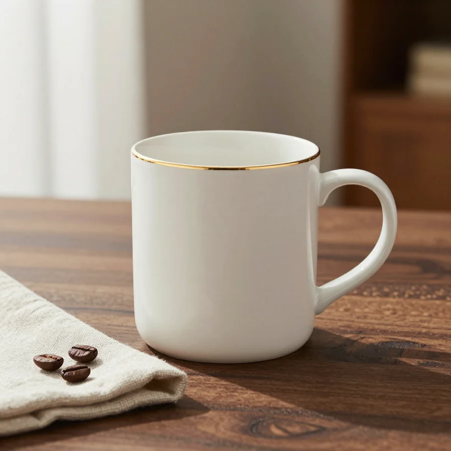 A white mug with a gold rim on a walnut table beside a linen napkin and coffee beans